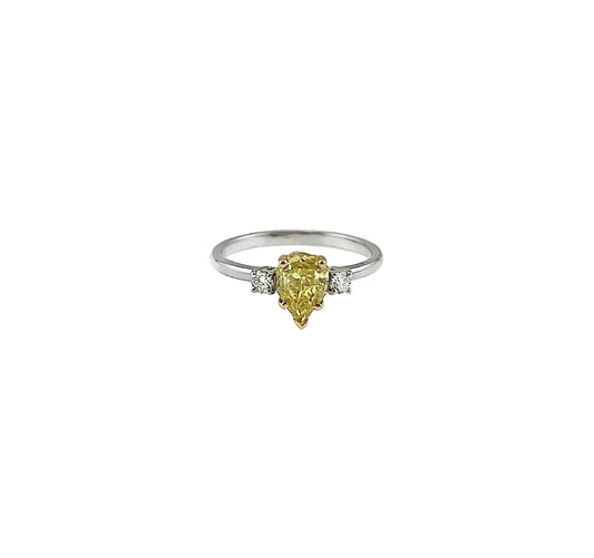 Handcrafted 18K Two-Tone Gold Ring with 1.21ct Pear-Shaped Fancy Intense Greenish Yellow Diamond - GIA Certified